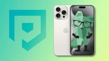 Best Mint Mobile plans: The Mint Mobile green fox on an iPhone 15 Pro Max in white, pasted on a light green PT background