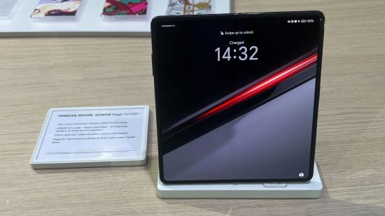Picutre of the Porsche Design HONOR Magic V2 RSR on the trade floor for best of MWC 2024 guide