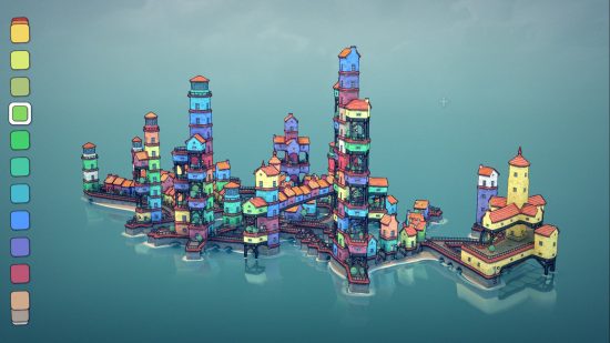 A screenshot of one of the best relaxing games, Townscaper, showing a network of colorful buildings floating in the sea