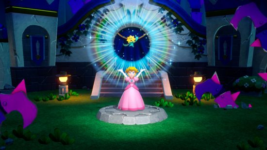 Screenshot from Princess Peach: Showtime! with Peach using a magic flower for best Switch games guide
