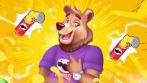 Bingo Blitz Pringles: The bear from Bingo Blitz wearing a purple Pringles shirt and standing on a golden yellow background. There is a cartoon Pringles can in a white starburst on either side of him.