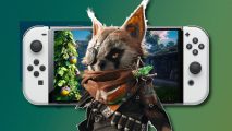 Biomutant Switch release date: The protagonist from Biomutant pasted on top of a Switch OLED showing a screenshot from the game. This is all outlined in white and pasted on a forest green PT background