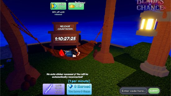 Blades of Chance codes redemption screen showing where to redeem codes while an avatar lays in a hammock in the night sky