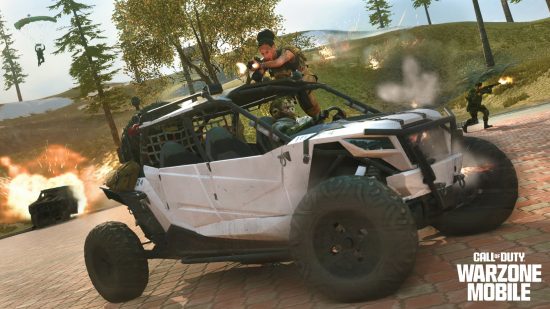 Official promo image for Call of Duty: Warzone Mobile interview piece with Chris Plummer showing an operator attacking from a jeep