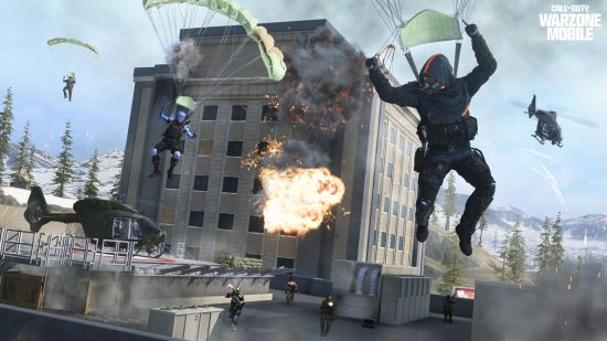 Official promo image for Call of Duty: Warzone Mobile interview piece with Chris Plummer showing operators parachuting into a map