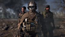 Call of Duty: Warzone Mobile characters walking forwards through smoke and wreckage on a field