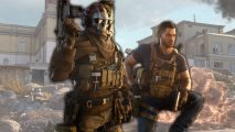 Call of Duty: Warzone Mobile - two soldiers stood in front of a road with buildings and a fire