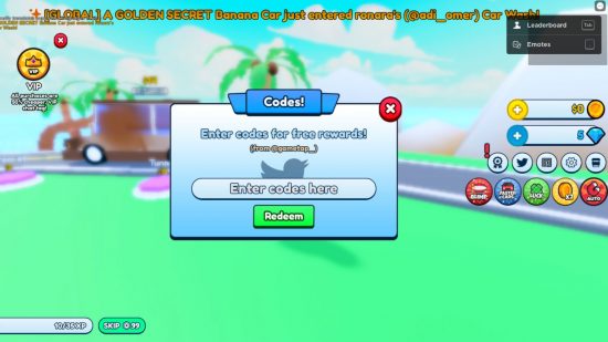 Car Wash Tycoon codes - the codes redemption screen in front of a filed next to the road with clouds in the sky