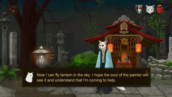 Cat and Ghostly Road review - a screenshot showing a cat human saying 'now I can fly lantern in the sky. I hope the soul of the painter will see it and understand that I'm coming to help'