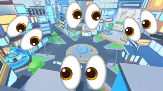 Coding Simulator key art in which a bunch of eyes are looking over the town