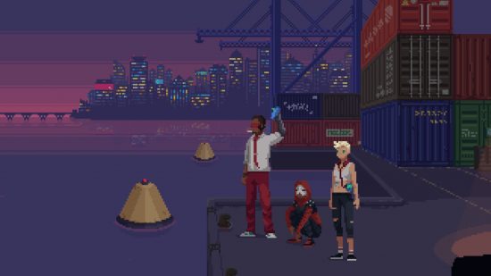 three characters stood on a dock in cyberpunk games - The red Strings Club