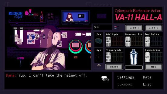 The drink creation screen in the cyberpunk game - Va-11 Hall-A