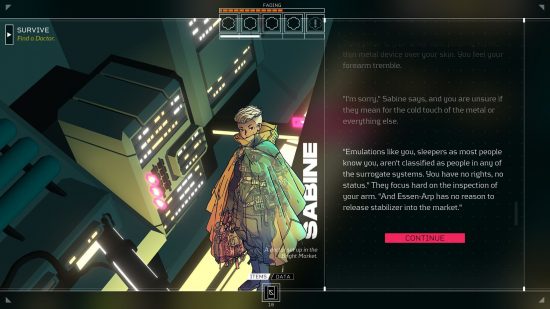 cyberpunk games - citizen sleeper: a text conversation on one half of the screen