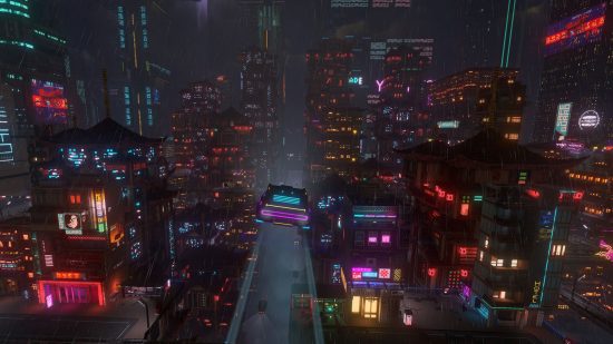 A view of a city in cyberpunk games - cloudpunk at night