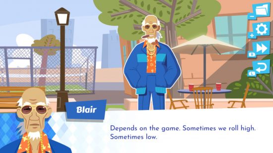 Screenshot of Blair, an old man, talking to the player in Later Daters for best dating games guide