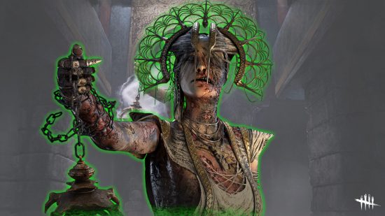 DBD codes - A close up of The Plague surrounded by a green hue in front of the inside of a tomb