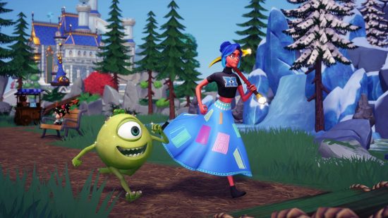 A screenshot from the current Disney Dreamlight Valley update showing Mike from Monster's Inc running alongside a player character wearing cosmetics from the current star path