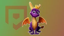 Custom image for best dragon games guide with Spyro sitting looking at you on a yelow background