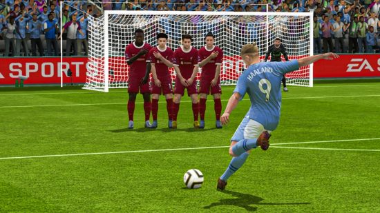 EA Sports FC MLS Kickoff screenshot showing Haaland taking a free kick in front of goal