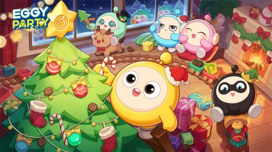 Eggy Party interview - a group of egg-shaped characters decorating a Christmas tree