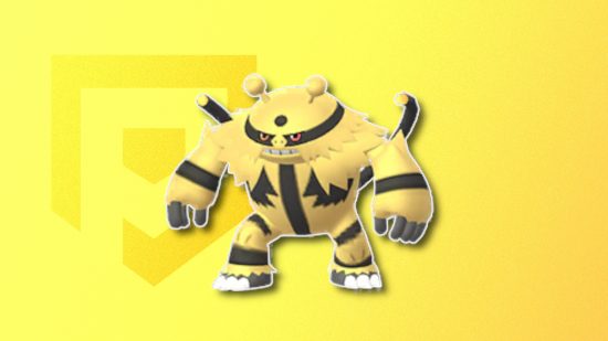Electric Pokemon: Electivire's Pokemon Go sprite outlined in white and drop shadowed on a banana yellow PT background