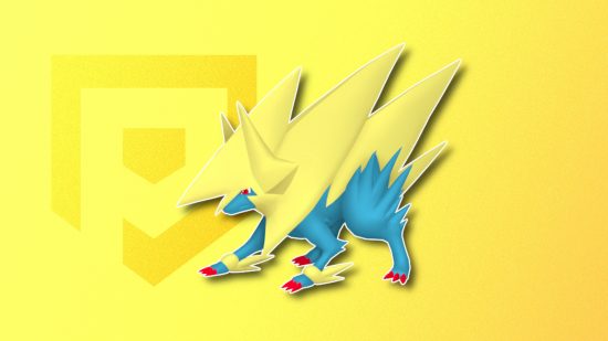 Electric Pokemon: Mega Manectric's Pokemon Go sprite outlined in white and drop shadowed on a banana yellow PT background