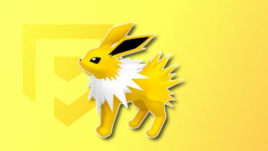Electric Pokemon: Jolteon's Pokemon Go sprite outlined in white and drop shadowed on a banana yellow PT background