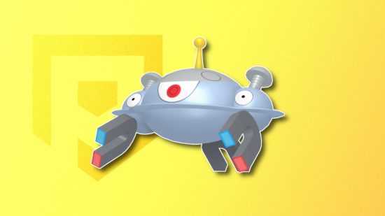 Electric Pokemon: Magnezone's Pokemon Go sprite outlined in white and drop shadowed on a banana yellow PT background