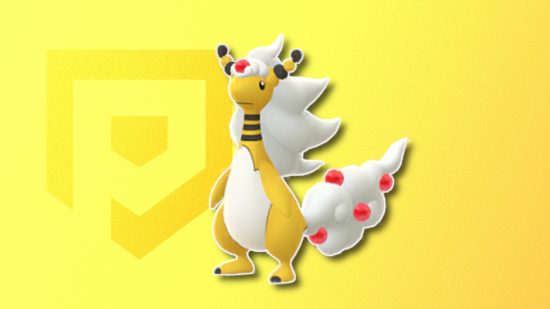 Electric Pokemon: Mega Ampharos's Pokemon Go sprite outlined in white and drop shadowed on a banana yellow PT background