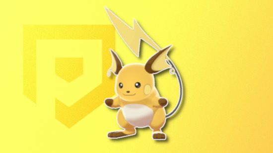 Electric Pokemon: Raichu's Pokemon Go sprite outlined in white and drop shadowed on a banana yellow PT background