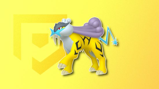 Electric Pokemon: Raikou's Pokemon Go sprite outlined in white and drop shadowed on a banana yellow PT background