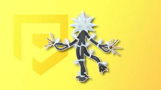 Electric Pokemon: Xurkitree's Pokemon Go sprite outlined in white and drop shadowed on a banana yellow PT background