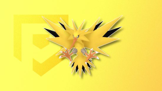 Electric Pokemon: Zapdos's Pokemon Go sprite outlined in white and drop shadowed on a banana yellow PT background