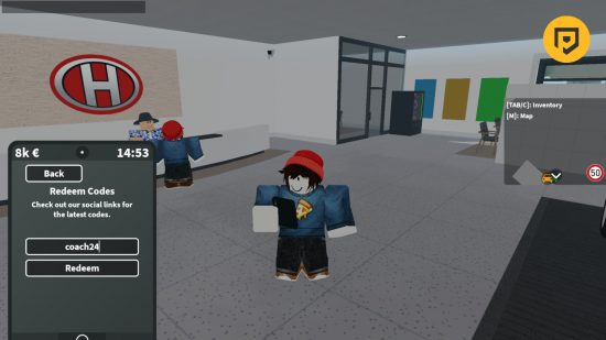 Emergency Hamburg codes: A screenshot of Daz's Roblox avatar standing in the vehicle dealership looking at their phone. A digital smartphone is in the left hand corner showing a codes redemption screen. The PT logo is in a circle in the top right corner.