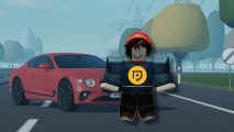 Emergency Hamburg codes: Daz's roblox avatar wearing a PT tshirt, standing in front of a red car on a road in the game