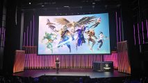 Custom image from GDC State of Unreal 2024 showing Fortnite characters on the screen for Epic Games Store on Android and iOS news