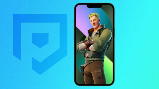 Custom image of a Fortnite character on an iPhone screen for news on Apple shutting down Epic's iOS app store