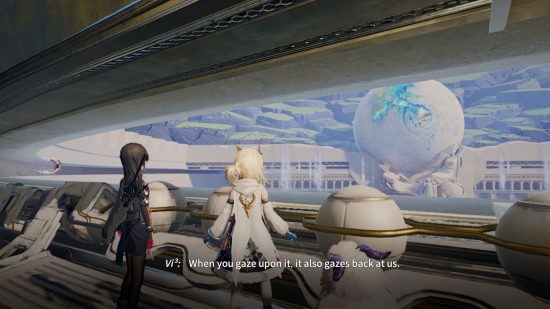 Ex Astris review - a screenshot showing Yan and Vi3 on a futuristic vehicle looking at a fallen planet
