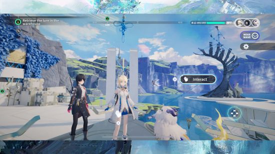 Ex Astris review - a screenshot of gameplay showing Yan, Vi3, and Manganese standing on a lift in front of a beautiful waterfall 