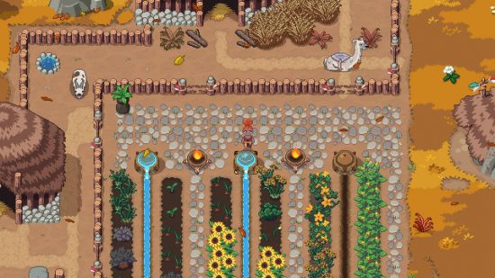 farm games - Roots of Pacha - a human attending to a farm with waterways and crops