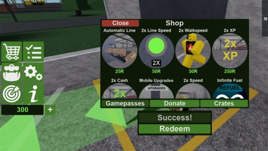 Forklift Simulator codes redemption screen showing the codes bar the shopping cart you need to press to get there