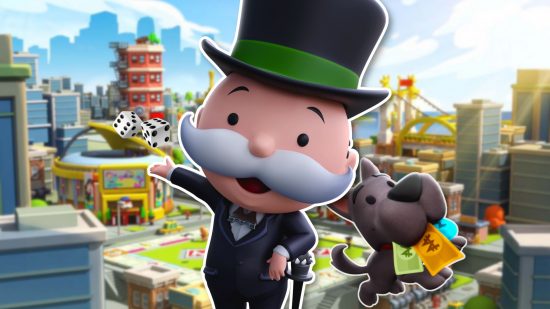The Monopoly Man smiling and holding his hand out with two free Monopoly Go dice in the air and a dog holding money in its mouth