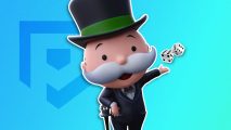Free Monopoly Go dice links - the Monopoly man holding out his hand and tossing two dice in the air in front of a blue Pocket Tactics background