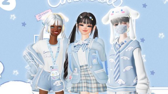 Games like Roblox: Three Zepeto avatars dressed in Cinnamoroll clothing and accessories on a sky blue background