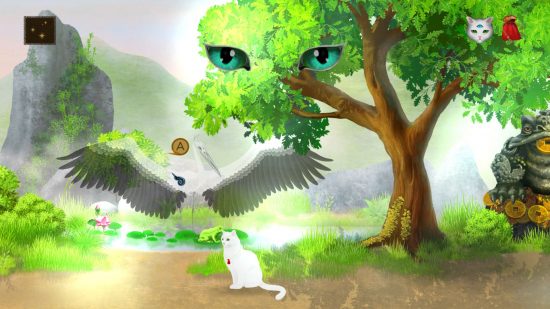 A screenshot of one of the best ghost games, Cat and Ghostly Road, showing a white cat sitting in front of a crane in a pond