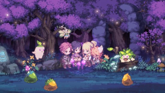 Goddess Order guide: New art of a party of characters sat in a purple enchanted pixel art forest