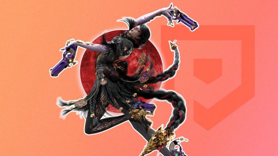 Custom image for best hack-and-slash games with Bayonetta under a red moon on a orange background