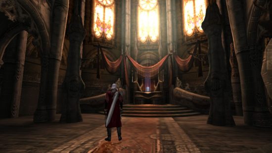 Screenshot of Devil May Cry for best hack-and-slash games with Dante standing in a church