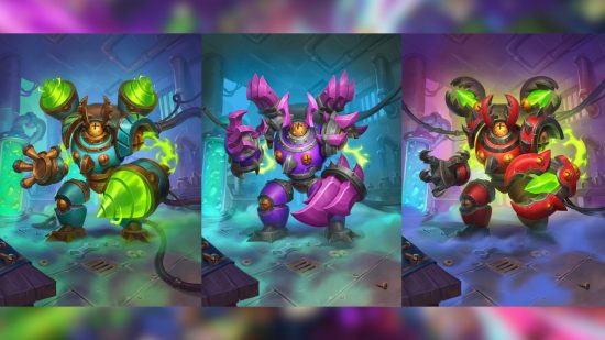 Hearthstone anniversary interview: Three variants of Zilliax Deluxe 3000 next to each other