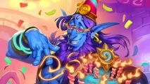 Hearthstone Whizbang's Workshop: Zephrys celebrating the Hearthstone anniversary with a cake and a hat